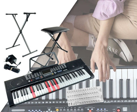 Zestaw: Keyboard 61 podświetlanych klawiszy+ statyw+ stołek+ naklejki na klawisze