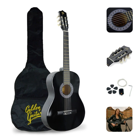 Zestaw: Gitara klasyczna 39" 4/4 czarna+ akcesoria+ 2x statyw+ podnóżek gitarowy Golden Guitar