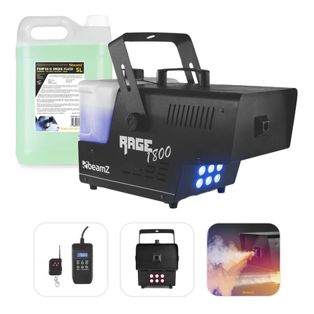 Zestaw: Wytwornica dymu LED 1800W Rage1800LED+ płyn do dymu 5l BeamZ