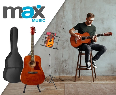 Zestaw: Gitara akustyczna Solojam Western ciemny naturalny Max, akcesoria, statyw i pulpit na nuty