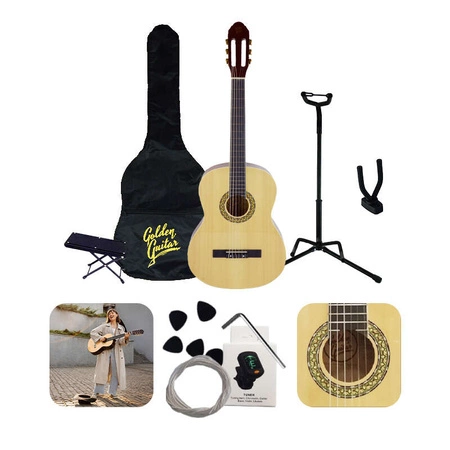 Zestaw: Gitara klasyczna naturalna 4/4 39" Golden Guitar+ pokrowiec tuner struny kostki+ 2x statyw+ podnóżek