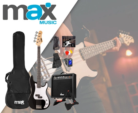 Zestaw: Gitara elektryczna basowa czarna GigKit wzmacniacz akcesoria