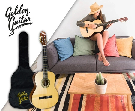 Zestaw: Gitara klasyczna 4/4 39" kolor naturalny GKS39NAT Golden Guitar+ pokrowiec tuner struny kostki