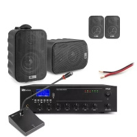 Zestaw czarnych głośników naściennych 4 x 3" BC30V z wzmacniaczem  oraz mikrofonem biurkowym