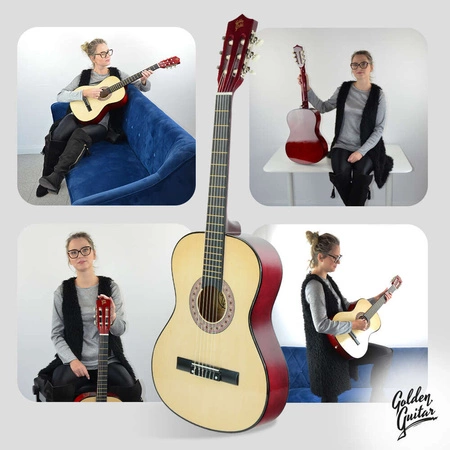 Zestaw: Gitara klasyczna 4/4 38" kolor naturalny GK38NAT Golden Guitar+ pokrowiec+ tuner+ struny+ kostki