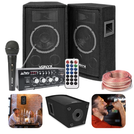 Zestaw karaoke: wzmacniacz karaoke 2x 25W+ dwie kolumny pasywne 6''+ mikrofon+ okablowanie