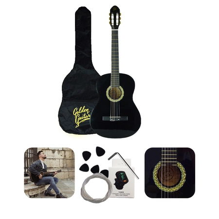 Zestaw: Gitara klasyczna 4/4 39" kolor czarny GKS39CZ Golden Guitar+ pokrowiec tuner struny kostki