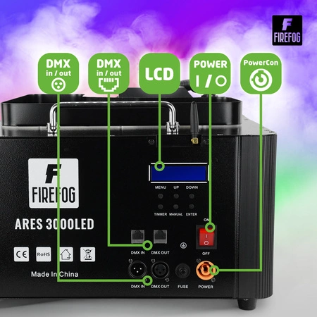 Zestaw: Wytwornica dymu pionowego i poziomego ARES 3000LED Firefog+ płyn 5l