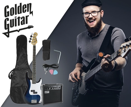Gitara basowa - kompletny zestaw -Golden Guitar PBGB-40 czarno-niebieska
