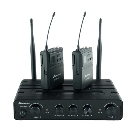 Zestaw mikrofonów bezprzewodowych UHF 2x nagłowny bodypack krawatowy Audioport SU-750BP