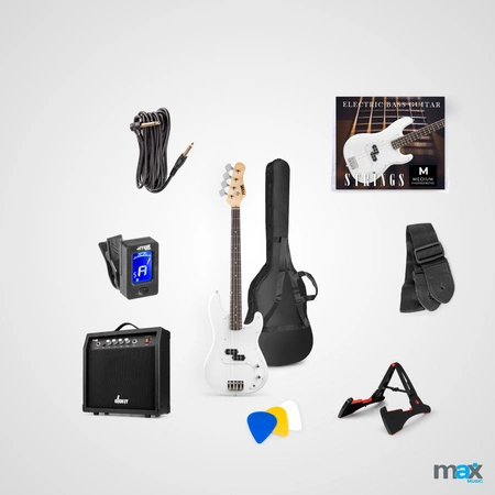 Zestaw; Gitara elektryczna basowa GigKit biała+ wzmacniacz statyw akcesoria