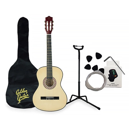 Zestaw: Gitara klasyczna 4/4 38" kolor naturalny GK38NAT Golden Guitar+ pokrowiec+ tuner+ struny+ kostki+ statyw podłogowy