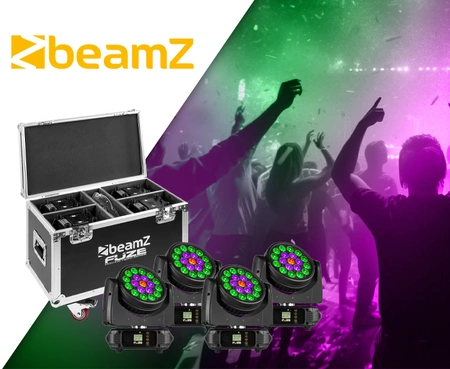 Zestaw: 4x Głowa ruchoma Fuze1910 Beamz ze sterowaniem kołowym+ Case