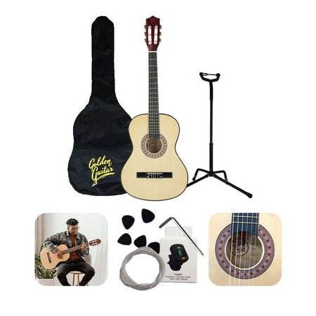 Zestaw: Gitara klasyczna 4/4 38" kolor naturalny GK38NAT Golden Guitar+ pokrowiec+ tuner+ struny+ kostki+ statyw podłogowy