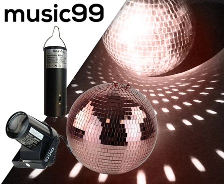 Zestaw: Kula lustrzana 20cm różowo-złota+ napęd bateryjny+ pinspot LED