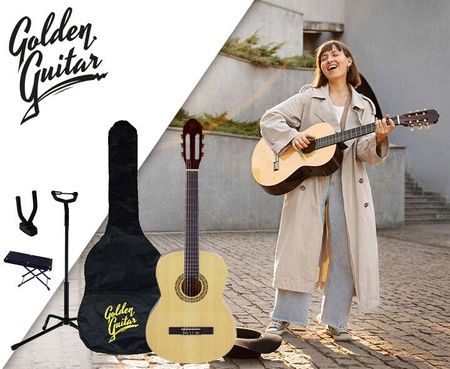Zestaw: Gitara klasyczna naturalna 4/4 39" Golden Guitar+ pokrowiec tuner struny kostki+ 2x statyw+ podnóżek