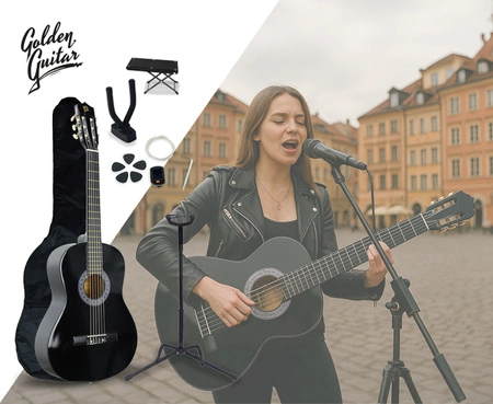Zestaw: Gitara klasyczna 39" 4/4 czarna+ akcesoria+ 2x statyw+ podnóżek gitarowy Golden Guitar
