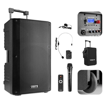 Zestaw: kolumna mobilna 1000W VSA700-BP 15" Combi Vonyx mikrofony i pilot + pokrowiec