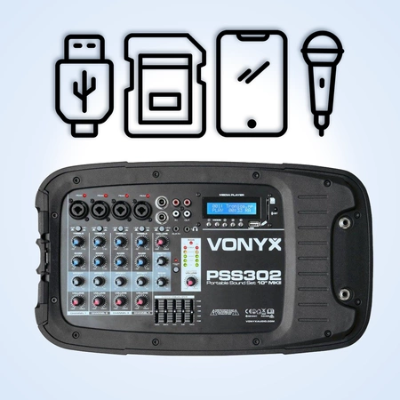 Zestaw nagłośnieniowy 300W 2x kolumna 10'' mikser mikrofon statywy Vonyx