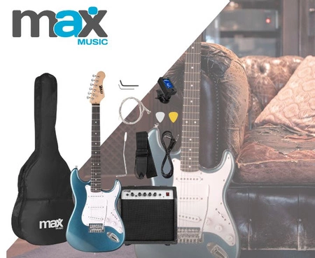 Zestaw: Gitara elektryczna GigKit Max niebieska + wzmacniacz akcesoria