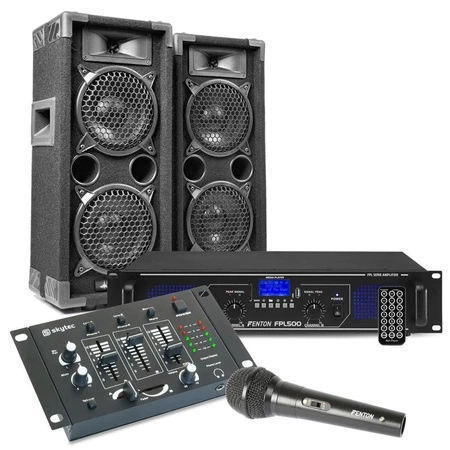 Zestaw: Pasywna kolumna pasywna MAX26 2x 6'' 600W, wzmacniacz, mikser, mikrofony, kable