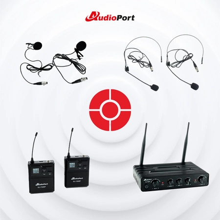 Zestaw mikrofonów bezprzewodowych UHF 2x nagłowny bodypack krawatowy Audioport SU-750BP