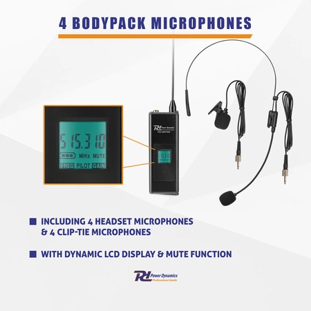 Zestaw mikrofonów bezprzewodowych UHF Power Dynamics PD524B z 4 mikrofonami typu bodypack
