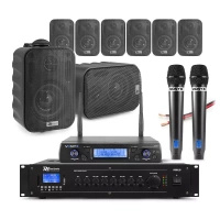 Zestaw czarnych głośników naściennych 8 x 3" BC30V z wzmacniaczem oraz zestawem mikrofonów bezprzewodowych