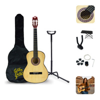Zestaw: Gitara klasyczna 39" 4/4 naturalna+ akcesoria 2x statyw+ podnóżek gitarowy Golden Guitar