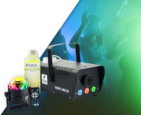 Zestaw imprezowy: Wytwornica dymu z efektem LED RGB 400 W 2 piloty + płyn do dymu 1 l + półkula dyskotekowa