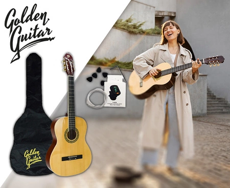 Zestaw: Gitara klasyczna naturalna 4/4 39" Golden Guitar+ pokrowiec tuner struny kostki