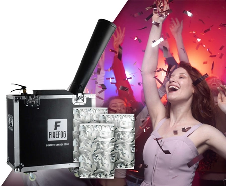 Zestaw: Działo wyrzutnia konfetti na CO2 CANNON 1000+ case Firefog+ konfetti srebrne 3x5kg