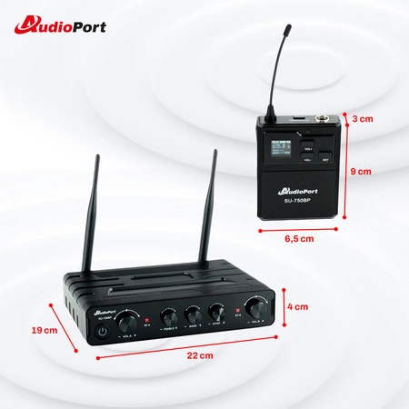 Zestaw mikrofonów bezprzewodowych UHF 2x nagłowny bodypack krawatowy Audioport SU-750BP