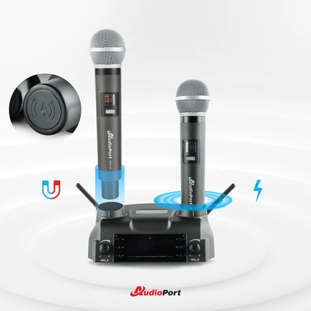 Zestaw mikrofonów bezprzewodowych doręcznych UHF+ stacja ładująca Audioport MCD-U2