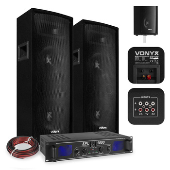 Zestaw kolumn pasywnych 2x 8" 1600W+ wzmacniacz okablowanie