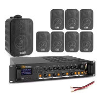 Zestaw czarnych głośników naściennych 8 x 3" BC30V z wzmacniaczem 4 strefowym