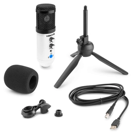 Mikrofon studyjny USB Vonyx CM320W ze statywem stołowym - biały