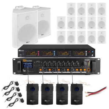 Zestaw białych głośników naściennych 16 x 6.5" BC65V z zestawem mikrofonów bezprzewodowych nagłownych