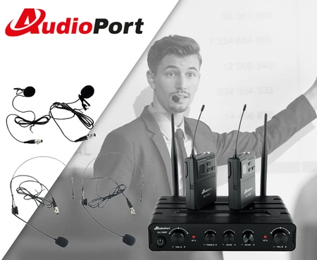 Zestaw mikrofonów bezprzewodowych UHF 2x nagłowny bodypack krawatowy Audioport SU-750BP