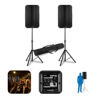 Zestaw kolumn aktywnych Vonyx VD715A z Bluetooth i bezprzewodowym parowaniem stereo - Bi-amp - 15 cali - 1800W+ statywy