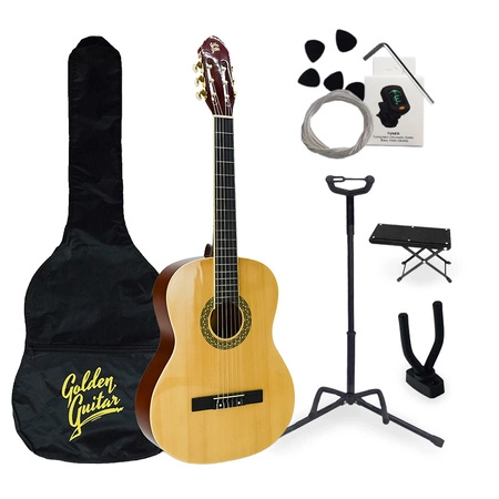 Zestaw: Gitara klasyczna naturalna 4/4 39" Golden Guitar+ pokrowiec tuner struny kostki+ 2x statyw+ podnóżek