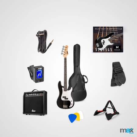 Zestaw: Gitara elektryczna basowa czarna GigKit wzmacniacz akcesoria