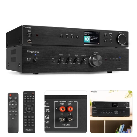 Zestaw Audizio: 2-kanałowy wzmacniacz HiFi 8 Ohm BT AD220B + radio internetowe Adria WiFi DAB+ BT