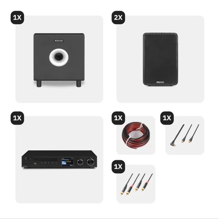 System dźwiękowy Fenton 2.1 do domu - Zestaw z subwooferem i 2 głośnikami - Bluetooth, DAB+ i FM - 200W