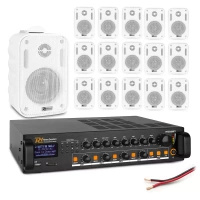 Zestaw białych głośników naściennych 16 x 3" BC30V z wzmacniaczem 4 strefowym