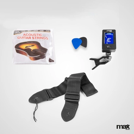 Zestaw: Gitara akustyczna Solojam Western ciemny naturalny Max, akcesoria, statyw i pulpit na nuty
