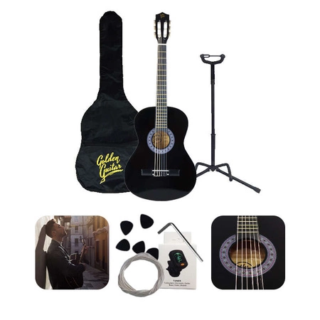 Zestaw: Gitara klasyczna 4/4 38" kolor czarny GK38CZ Golden Guitar+ pokrowiec+ tuner+ struny+ kostki+ statyw podłogowy