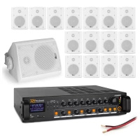 Zestaw białych głośników naściennych 16 x 4" BC40V z wzmacniaczem 4 strefowym