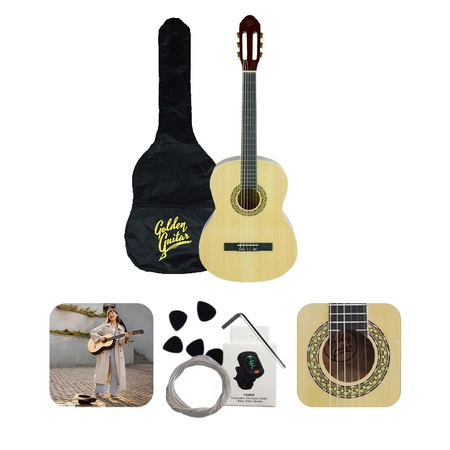Zestaw: Gitara klasyczna naturalna 4/4 39" Golden Guitar+ pokrowiec tuner struny kostki  