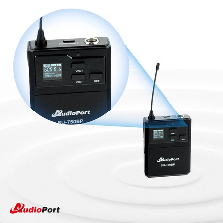 Zestaw mikrofonów bezprzewodowych UHF 2x nagłowny bodypack krawatowy Audioport SU-750BP